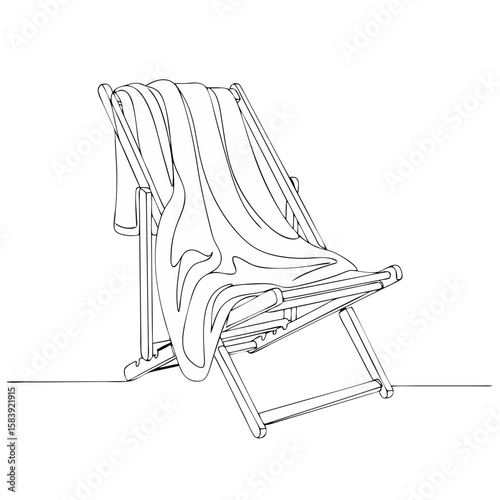 One line drawing of a folded beach deck chair with a towel, summer vacation concept. Simple black outline continuous line art vector illustration
