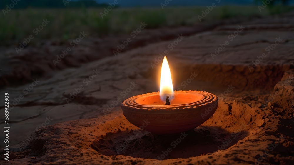 Obraz premium Clay diya (oil lamp) glowing on the edge of a mud wall at dusk — minimal, spiritual, and culturally symbolic 3
