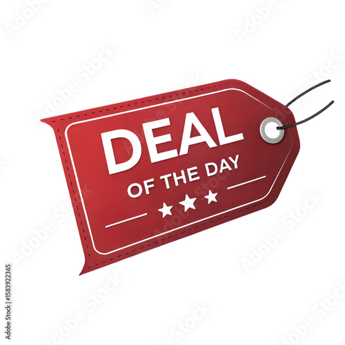 3D Discount Tag PNG – Red Realistic Label with 'Deal of the Day' Text & Transparent Background