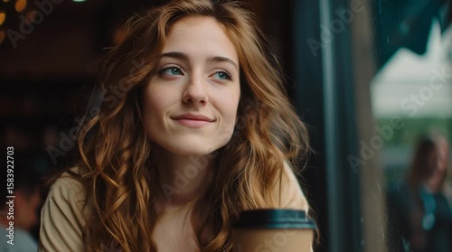 Woman in a coffee shop looking out the window
