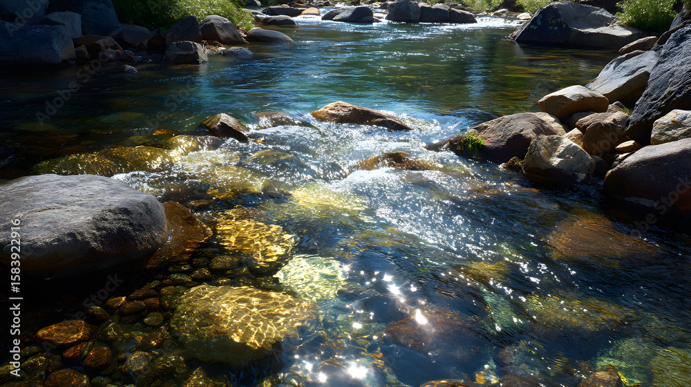Fototapeta premium Vibrant Sunlight Illuminating the Clear Waters and Rocky Bed of a Peaceful River Stream