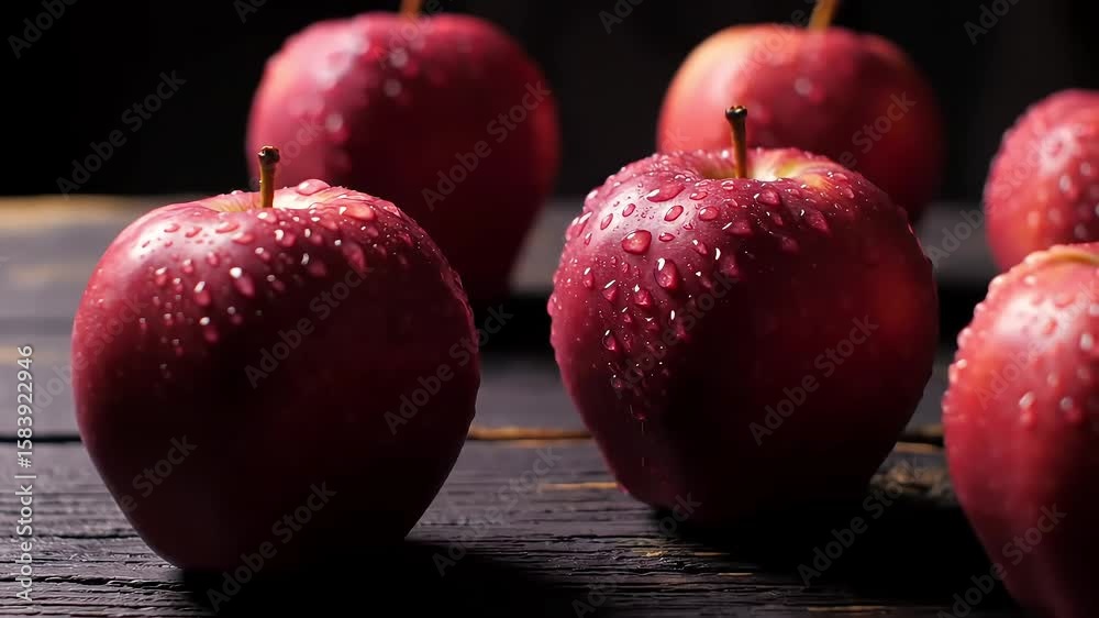 Dewy red apples on dark wood, blurred background, food photography Dewy red apples on dark wood, blurred background, food photography