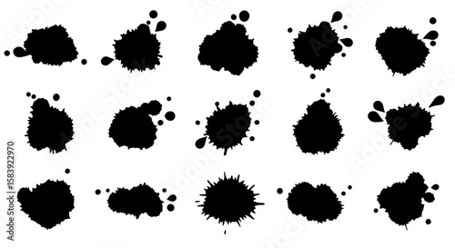 Ink Splash Collection: A collection of individual ink splashes with diverse shapes and sizes, captured in a high-resolution. perfect for adding a textured artistic effect to your projects.