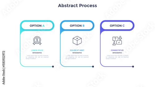 Three paper white rectangular elements placed in horizontal row. Concept of 3 steps of business development process. Simple infographic design template. Modern linear vector illustration for report.