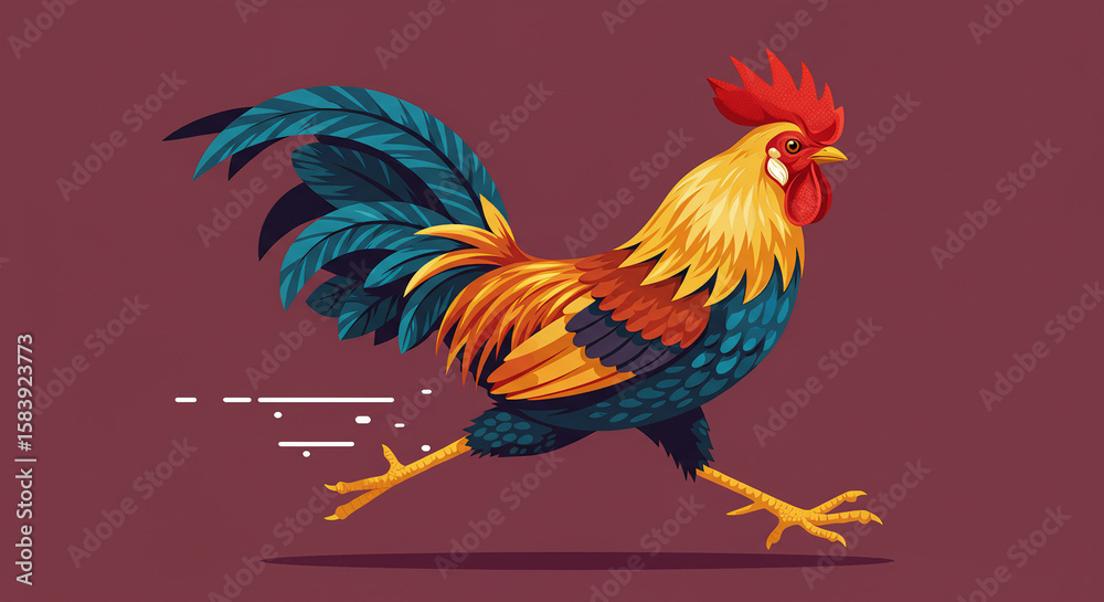 Fototapeta premium Dynamic Rooster Illustration: Vibrant Plumage Energetic Run Modern Design.