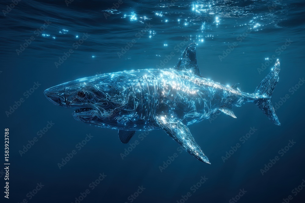 Fototapeta premium Innovative Shark Visual: A Digitally Crafted Predator Swimming Through Vibrant Ocean Depths