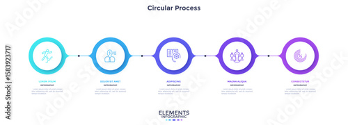 Informative circular process infographic chart for business startup demonstration. Infochart with thin line icons. Instructional graphics with 5 steps sequence design for web pages