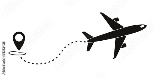 Plane travel path icon with curved dashed line, flight route white or transparent background