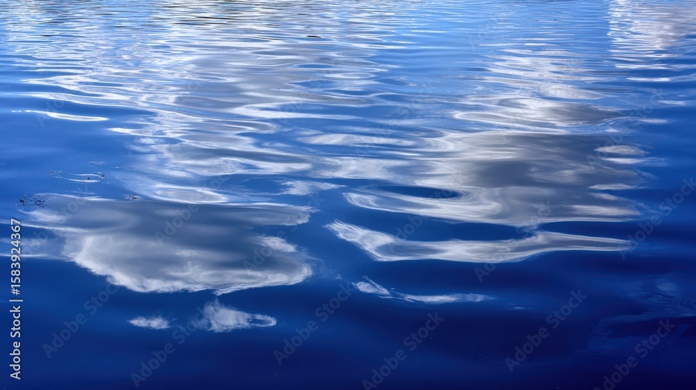 Naklejka premium The tranquil reflections of clouds on a serene blue water surface.