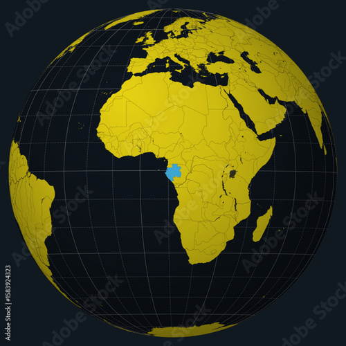 Gabon on Globe. Country view on the world map in Charcoal Bright Yellow color palette. Gabon shape on map. Globe with meridians, parallels, countries, rivers and lakes. Neat vector illustration.