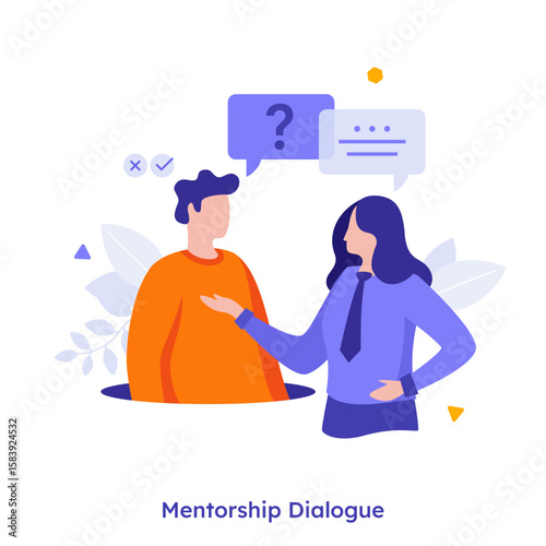 Vector illustration with man and woman having a mentorship dialogue and giving advice. Mentoring people in professional and career development.