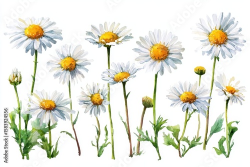 Charming Watercolor Daisy Illustration: Handcrafted Chamomile in a Delicate Floral Display