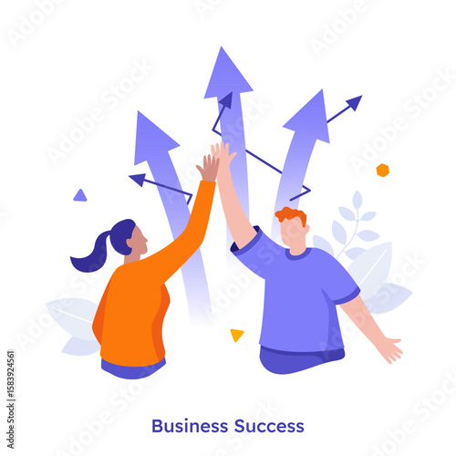 Vector illustration with woman and man high-fiving as part of a successful business team. Partnership and goal achievement concept for company growth and celebration.
