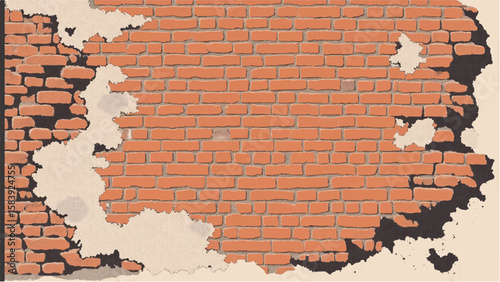 Damaged red brick wall. Brick wall texture and background. Damaged red brick wall fragment. Vector illustration. 