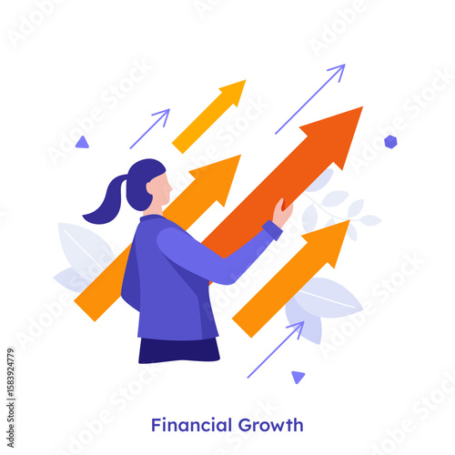 Vector illustration with woman holding large growing arrow. Financial growth and business success concept. Marketing development and improvement.