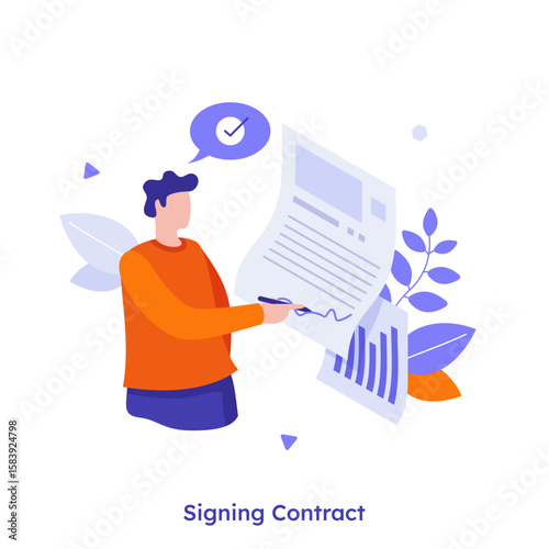 Vector illustration with a man signing business contract. Digital agreement form and legal document. Online negotiation and approval. Financial deal confirmation.