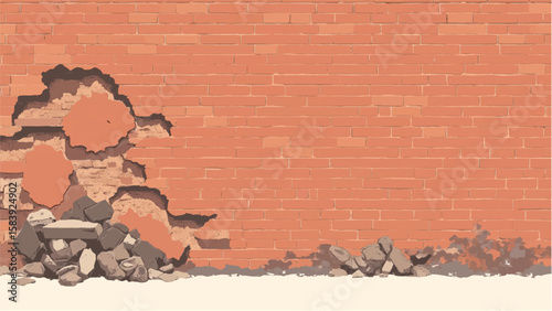 Damaged red brick wall. Brick wall texture and background. Damaged red brick wall fragment. Vector illustration. 