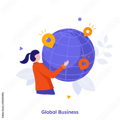Vector illustration with a woman managing global business, planet earth with location pins. Worldwide logistics and international trade.