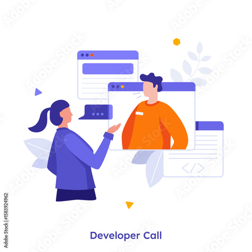 Vector illustration with woman programmer calling male developer. Business presentation for software concept. Character metaphor for mobile and web.