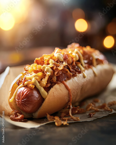 Icelandic pylsur hot dog with crispy onions in paper