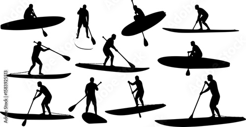 SUP Paddle Board Silhouette Collection – Water Sports Vector Art on white background.
