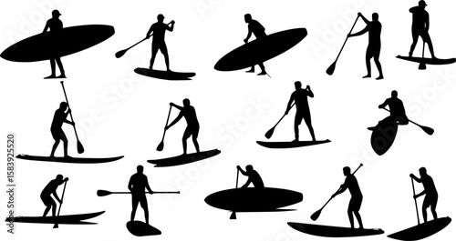 SUP Paddle Board Silhouette Collection – Water Sports Vector Art on white background.
