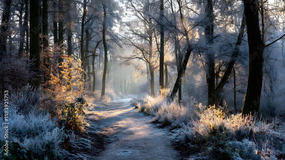Naklejka premium Magical winter morning: sunlit path winds through a serene forest coated in sparkling hoarfrost