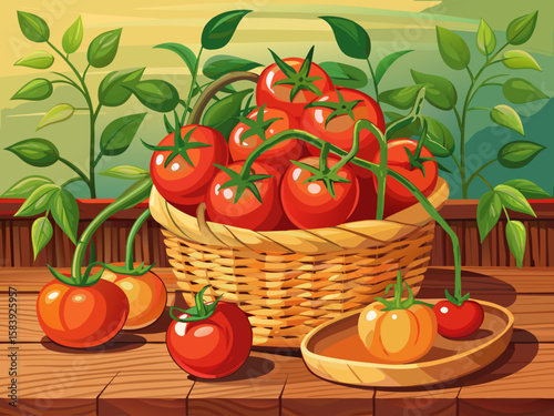 vector of Fresh and ripe tomatoes with branches in a wicker basket on a wooden table.