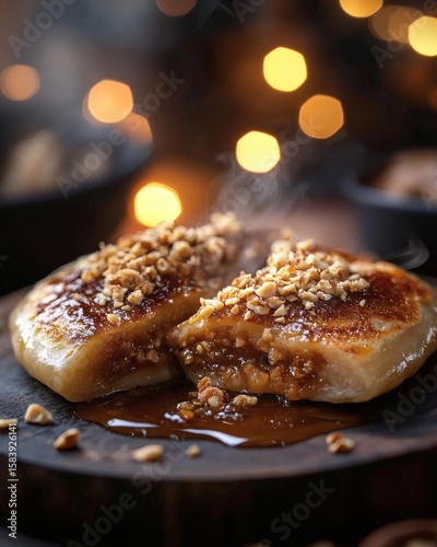 Korean hotteok stuffed with brown sugar and nuts on street stall
