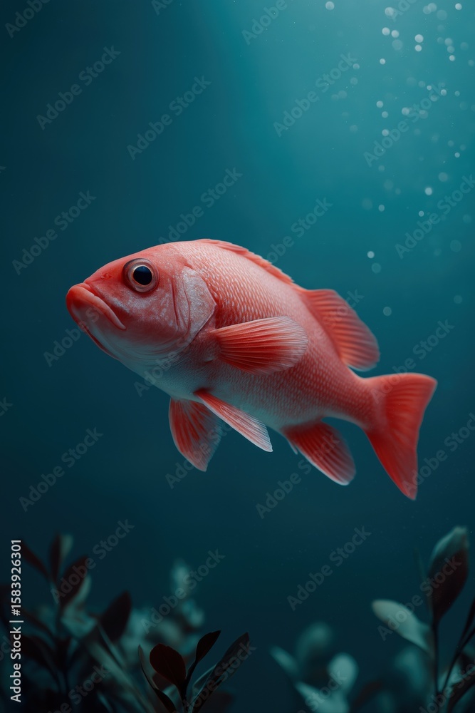 Obraz premium Vibrant red fish gliding underwater in peaceful blue ocean scene with plants