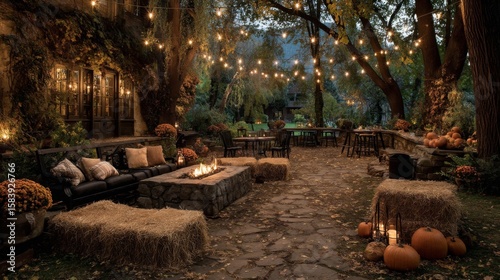 Autumnal Outdoor Night Garden Scene with Fire Pit and Pumpkins