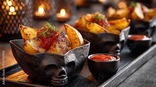 Roasted Potato Wedges with Ketchup in Skull Bowls