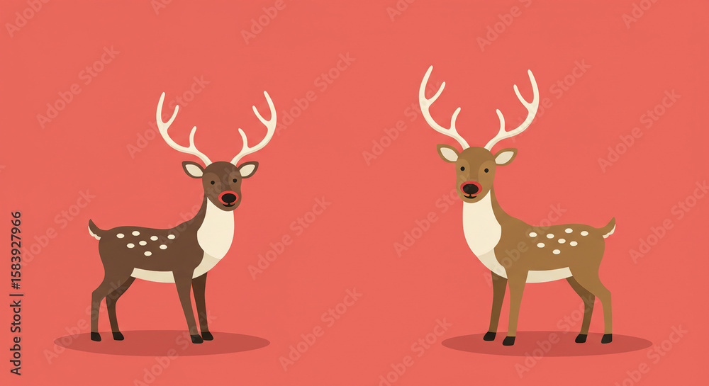 Fototapeta premium Two Festive Reindeer Illustrations on Red Background Christmas Holiday Theme.