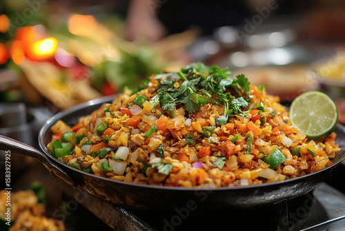 Authentic Sri Lankan kottu roti chopped flatbread with vegetables on metal plate