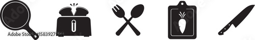 Kitchen and Food Preparation Silhouette Vector Icons Featuring Pan Toaster Fork Spoon Cutting Board and Knife for Cooking and Dining
