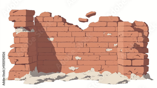 Ruined brick wall isolated on white background. Broken brick wall. Crumbling brick wall. Vector illustration.
