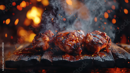 Jamaican jerk chicken on pimento wood with scotch bonnet sauce