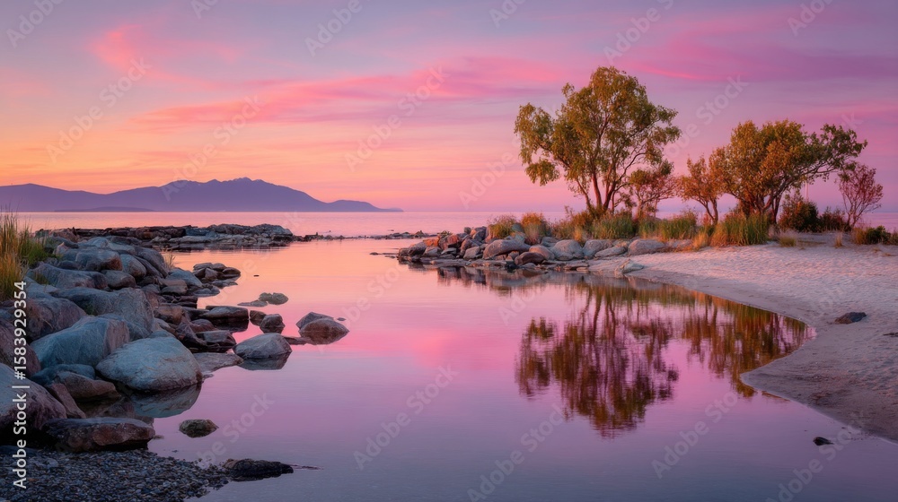 Obraz premium Pink and Purple Sunset Over Calm Lake with Tree Reflections