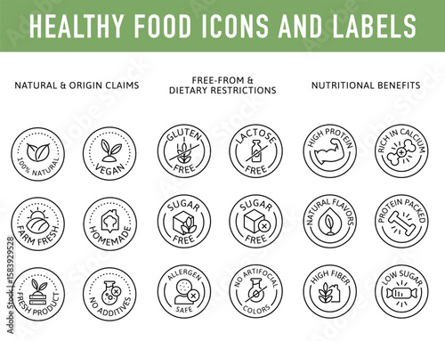 Healthy Food Labels and Icons. Line Art Badge Set for Natural, Organic Products, Packaging, etc