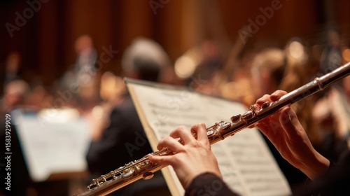 The flute player skillfully performs in a vibrant orchestral concert setting.