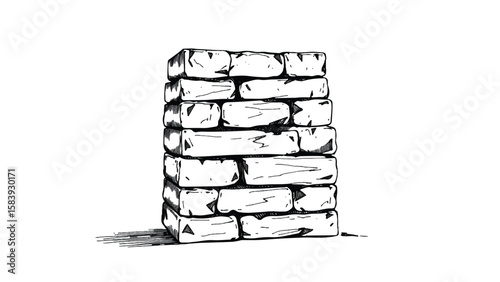 A black and white, hand-drawn illustration of a stack of bricks on a white background. A stack of bricks.