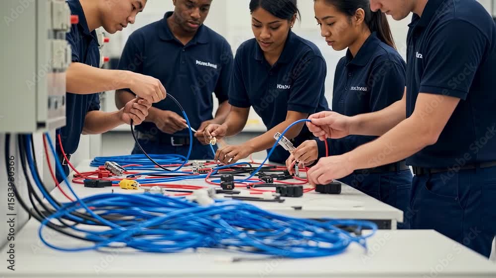 Five focused young engineers are working together, connecting and testing wires in a modern electronics laboratory, demonstrating teamwork and technical expertise