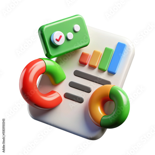 A high quality 3d rendering plastic-style icon showcasing business analytics reports and data visualization with vibrant colorful charts and graphs