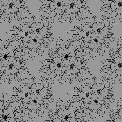 seamless contour pattern of large black flowers on a gray background, texture, design