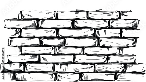 A black and white, hand-drawn illustration of a stack of bricks on a white background. A stack of bricks.