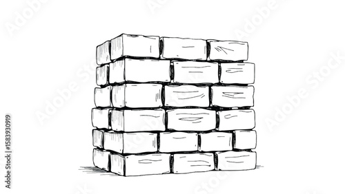 A black and white, hand-drawn illustration of a stack of bricks on a white background. A stack of bricks.