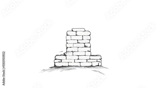 A black and white, hand-drawn illustration of a stack of bricks on a white background. A stack of bricks.