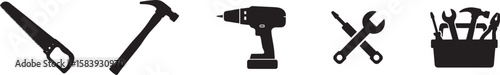 DIY Tools Silhouette Icons Featuring Saw Hammer Drill Wrench Screwdriver and Toolbox for Home Improvement Construction and Repair Projects