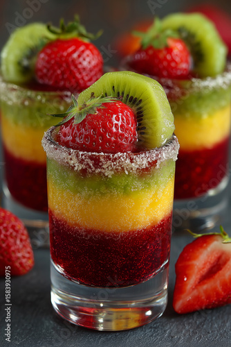 Colorful layered jungle juice shots garnished with fresh fruits