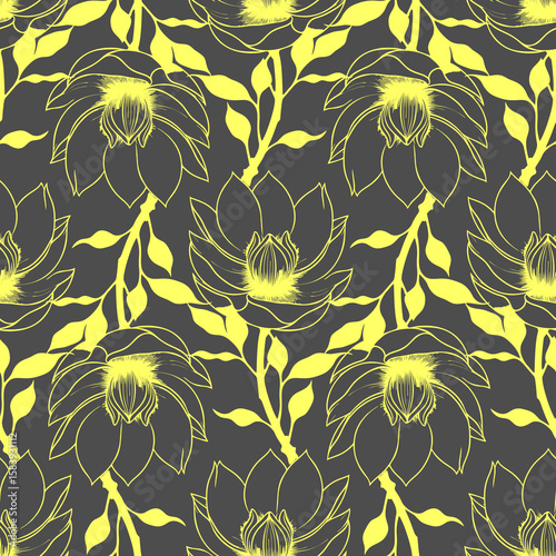 simple graphic seamless pattern of yellow magnolia flowers on a gray background, texture